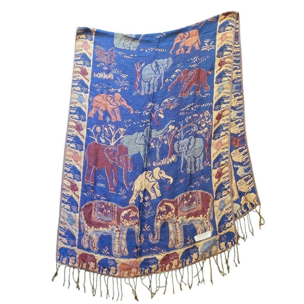 PASHMINA Brand Scarf Wrap Shawl Gold Purple Elephant Fringe Gypsy Boho
